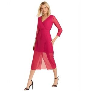 NWT Bebe Womens Raspberry Pink Chiffon Faux Wrap Midi Dress 3/4 Sleeve Size 4